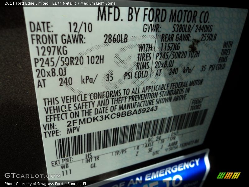 Earth Metallic / Medium Light Stone 2011 Ford Edge Limited