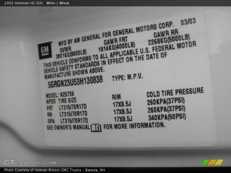 Info Tag of 2003 H2 SUV