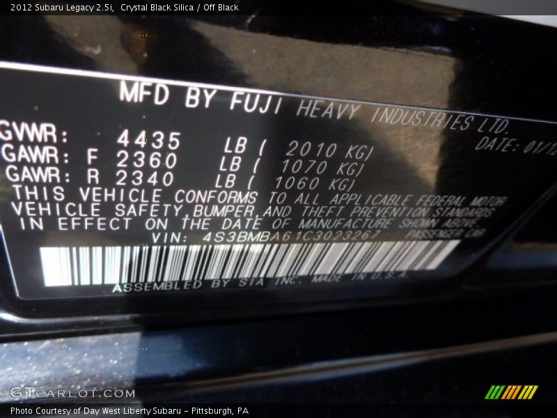 Crystal Black Silica / Off Black 2012 Subaru Legacy 2.5i