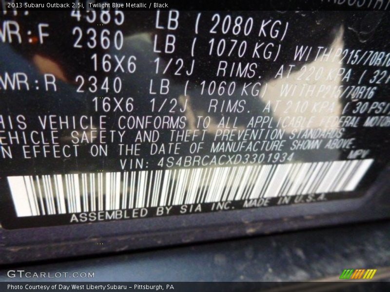 Twilight Blue Metallic / Black 2013 Subaru Outback 2.5i