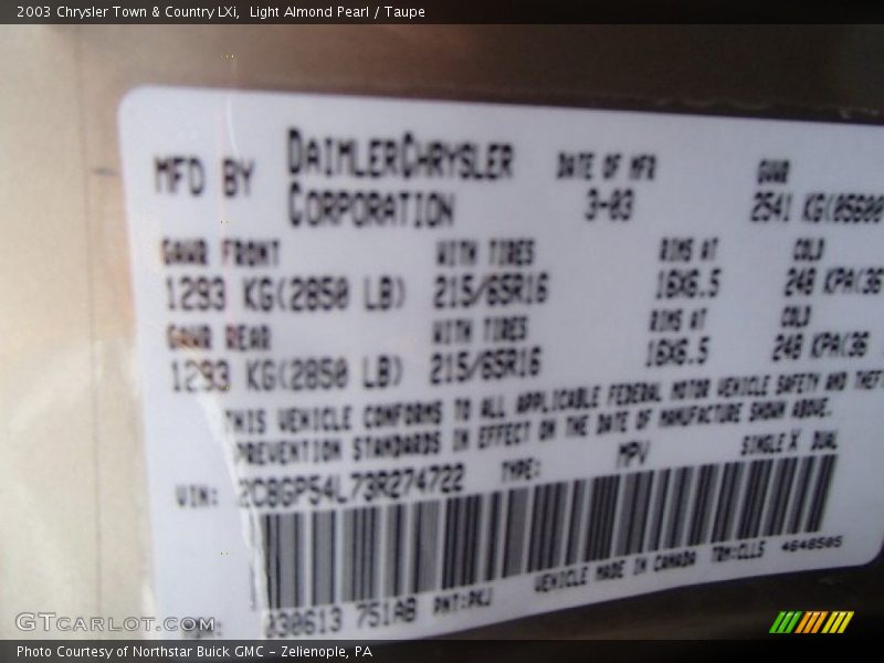 Light Almond Pearl / Taupe 2003 Chrysler Town & Country LXi