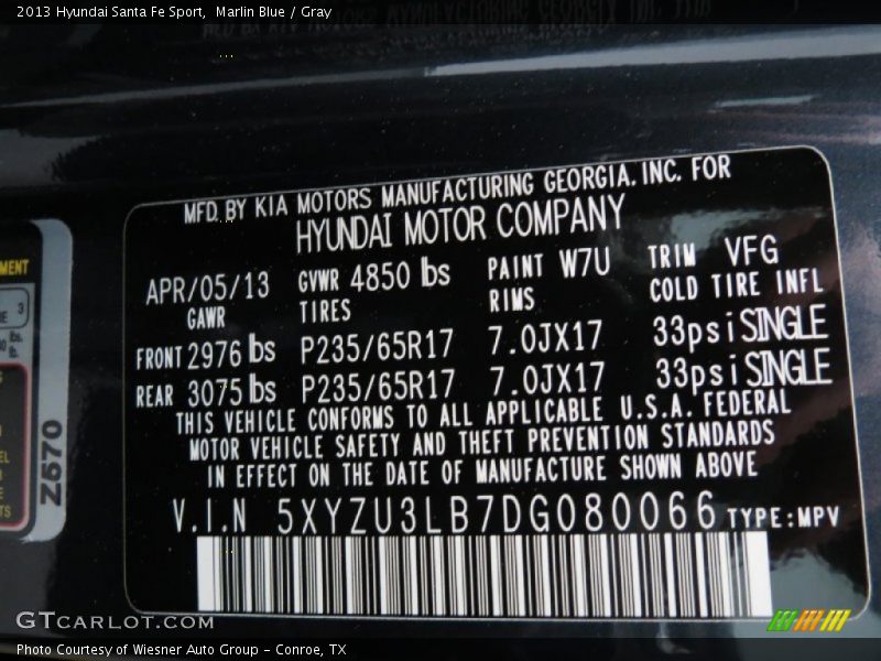 Marlin Blue / Gray 2013 Hyundai Santa Fe Sport