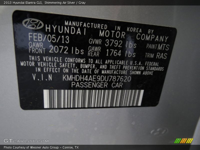 Shimmering Air Silver / Gray 2013 Hyundai Elantra GLS