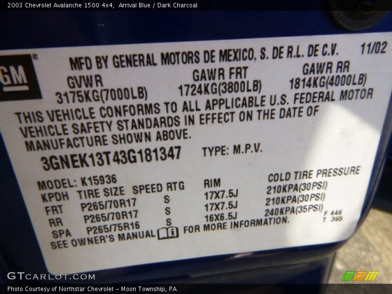 Arrival Blue / Dark Charcoal 2003 Chevrolet Avalanche 1500 4x4