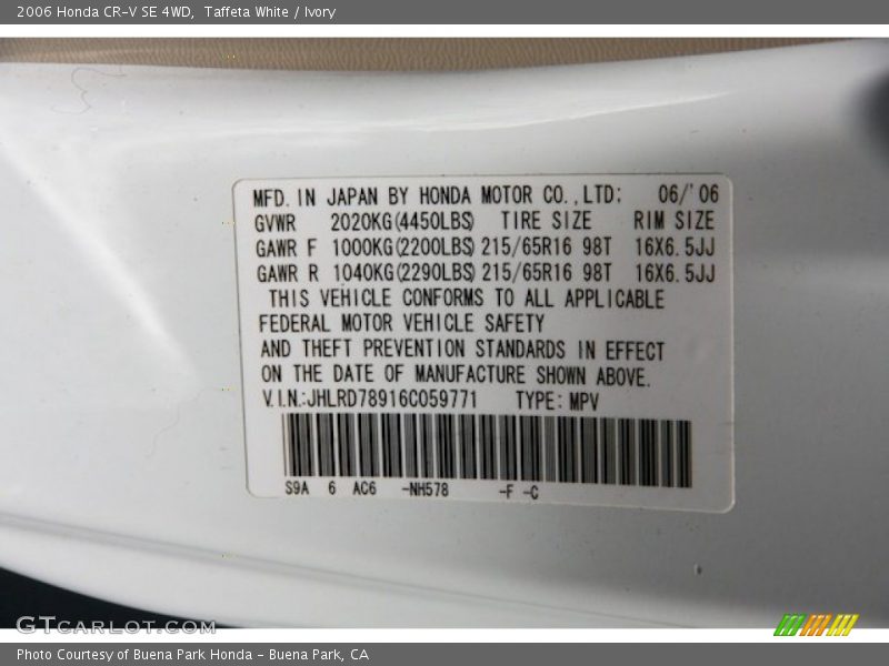 2006 CR-V SE 4WD Taffeta White Color Code NH578