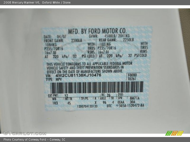 Oxford White / Stone 2008 Mercury Mariner V6