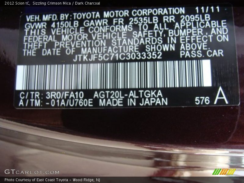 Sizzling Crimson Mica / Dark Charcoal 2012 Scion tC