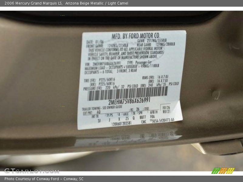 2006 Grand Marquis LS Arizona Beige Metallic Color Code AQ