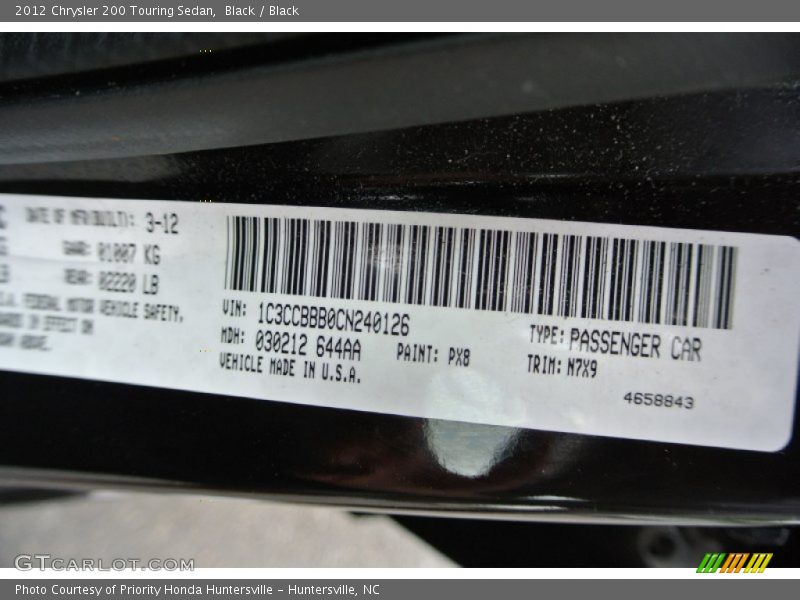 Black / Black 2012 Chrysler 200 Touring Sedan