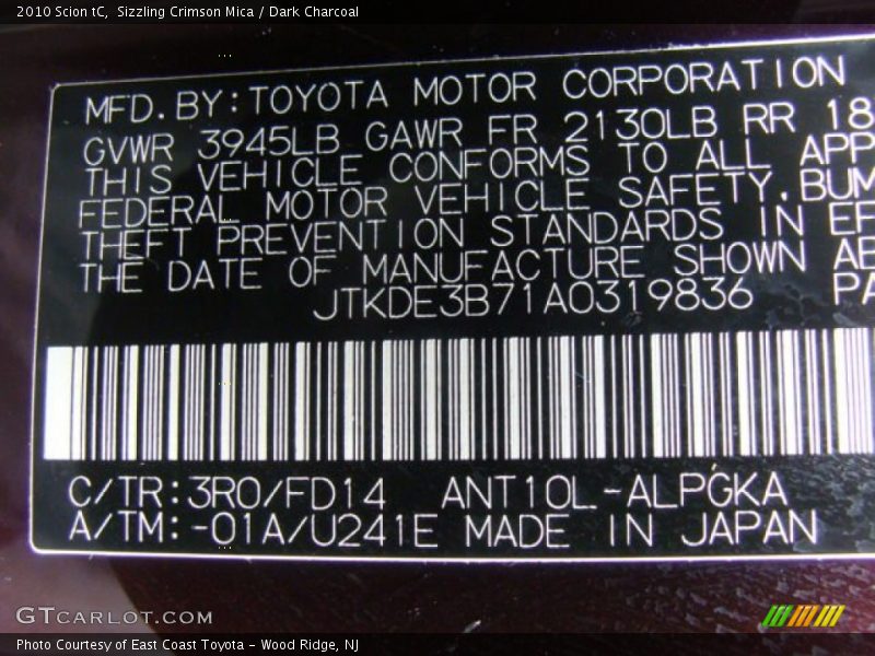 Sizzling Crimson Mica / Dark Charcoal 2010 Scion tC