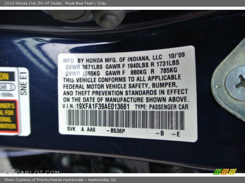 Royal Blue Pearl / Gray 2010 Honda Civic DX-VP Sedan