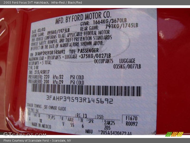 Infra-Red / Black/Red 2003 Ford Focus SVT Hatchback