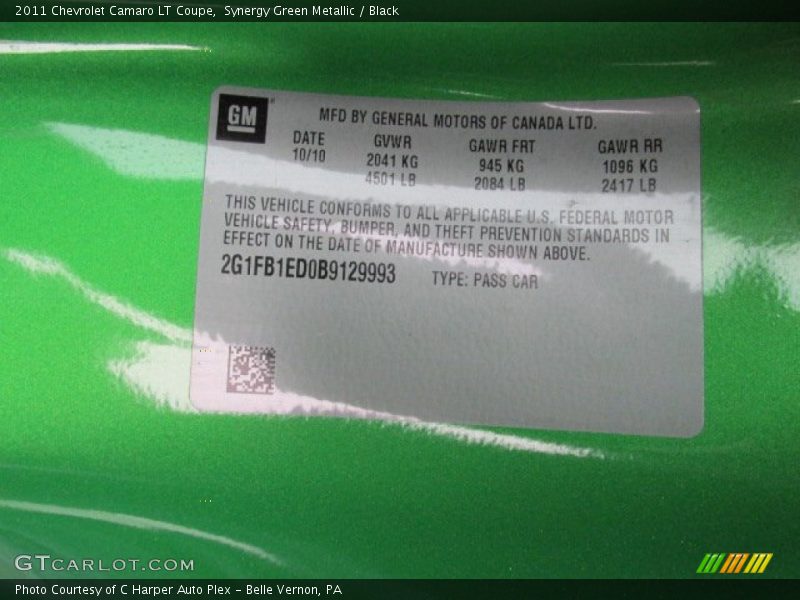 Info Tag of 2011 Camaro LT Coupe