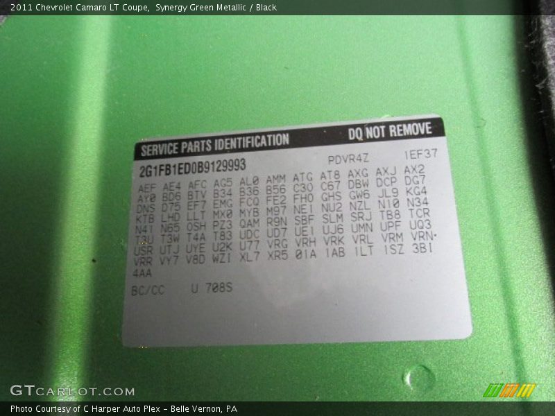 2011 Camaro LT Coupe Synergy Green Metallic Color Code 708S