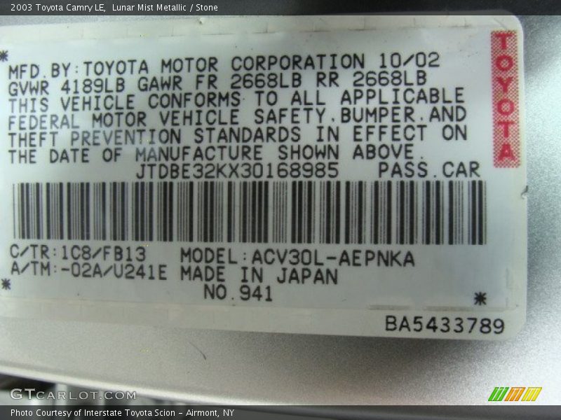 Lunar Mist Metallic / Stone 2003 Toyota Camry LE