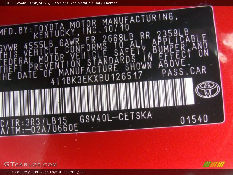 Barcelona Red Metallic / Dark Charcoal 2011 Toyota Camry SE V6