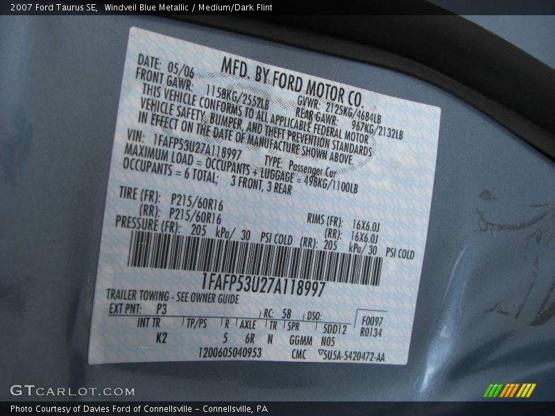 Windveil Blue Metallic / Medium/Dark Flint 2007 Ford Taurus SE