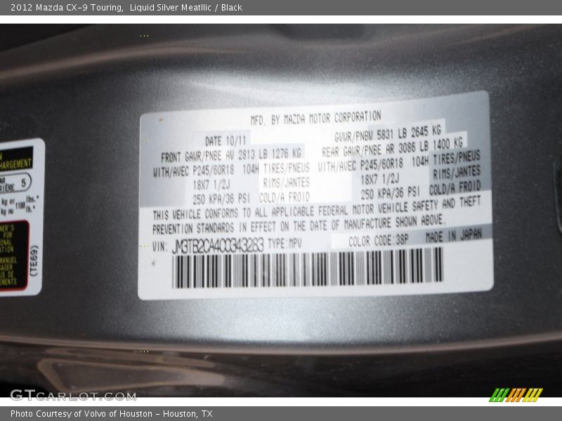 Liquid Silver Meatllic / Black 2012 Mazda CX-9 Touring