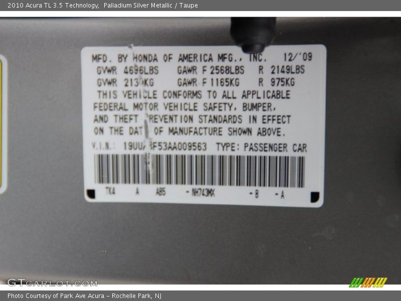 Palladium Silver Metallic / Taupe 2010 Acura TL 3.5 Technology
