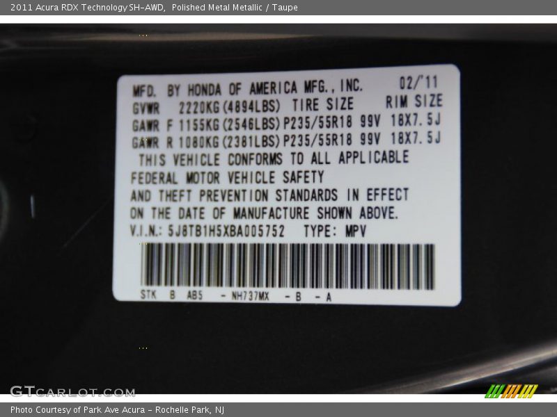 Polished Metal Metallic / Taupe 2011 Acura RDX Technology SH-AWD