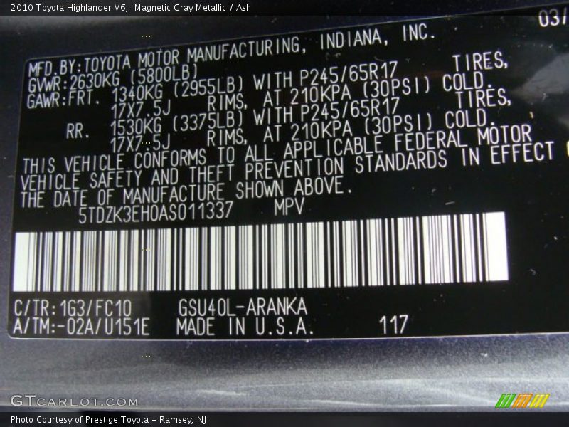 Magnetic Gray Metallic / Ash 2010 Toyota Highlander V6