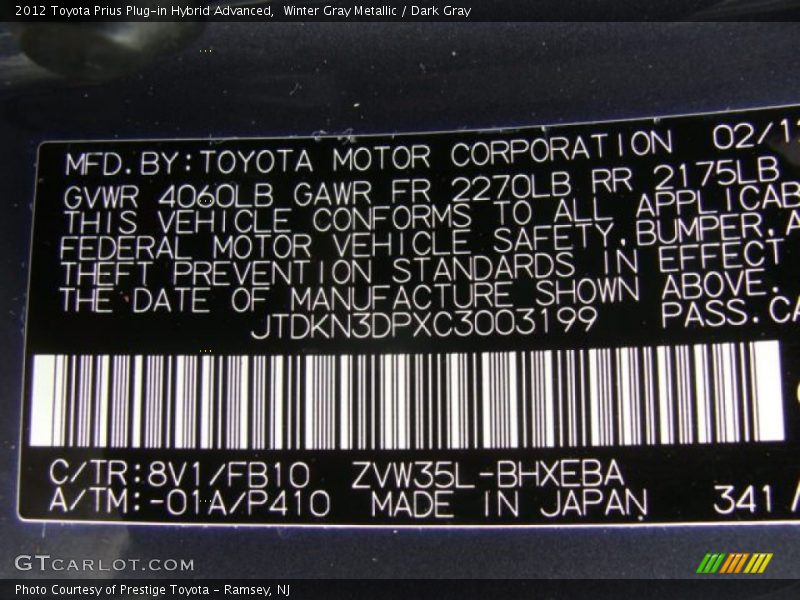 2012 Prius Plug-in Hybrid Advanced Winter Gray Metallic Color Code 8V1