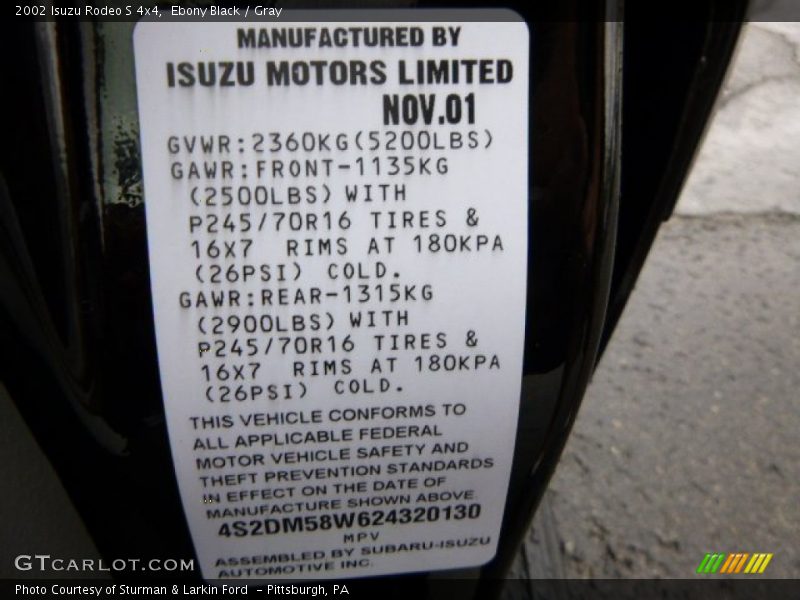 Info Tag of 2002 Rodeo S 4x4