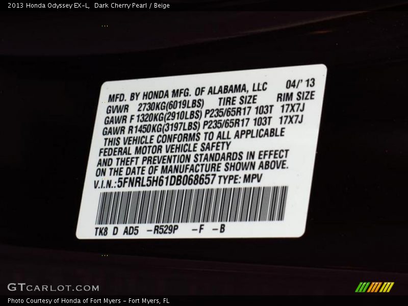 Dark Cherry Pearl / Beige 2013 Honda Odyssey EX-L