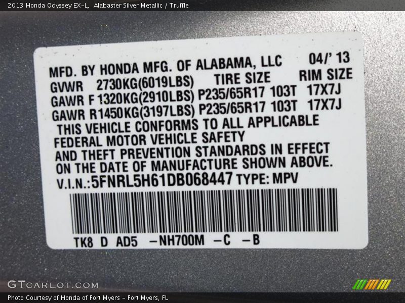 Alabaster Silver Metallic / Truffle 2013 Honda Odyssey EX-L