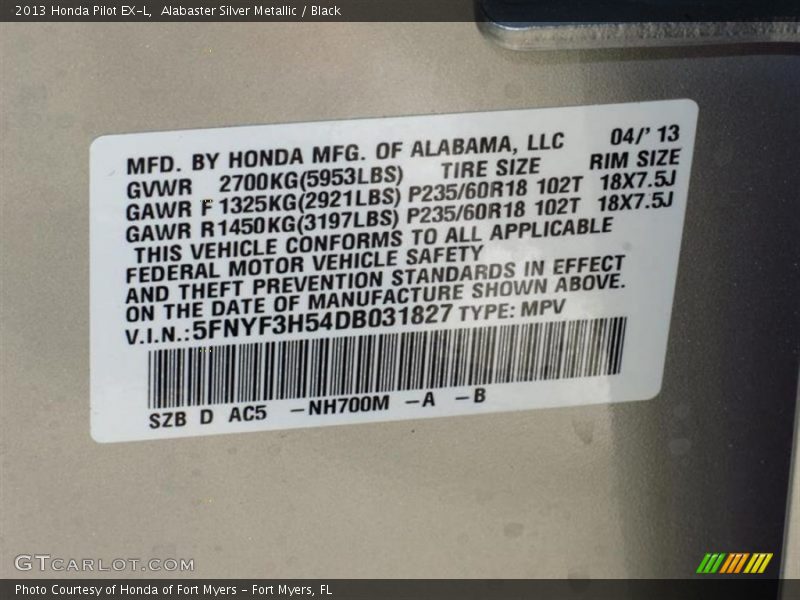 Alabaster Silver Metallic / Black 2013 Honda Pilot EX-L