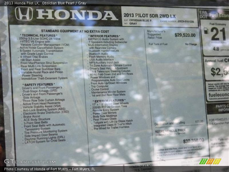  2013 Pilot LX Window Sticker