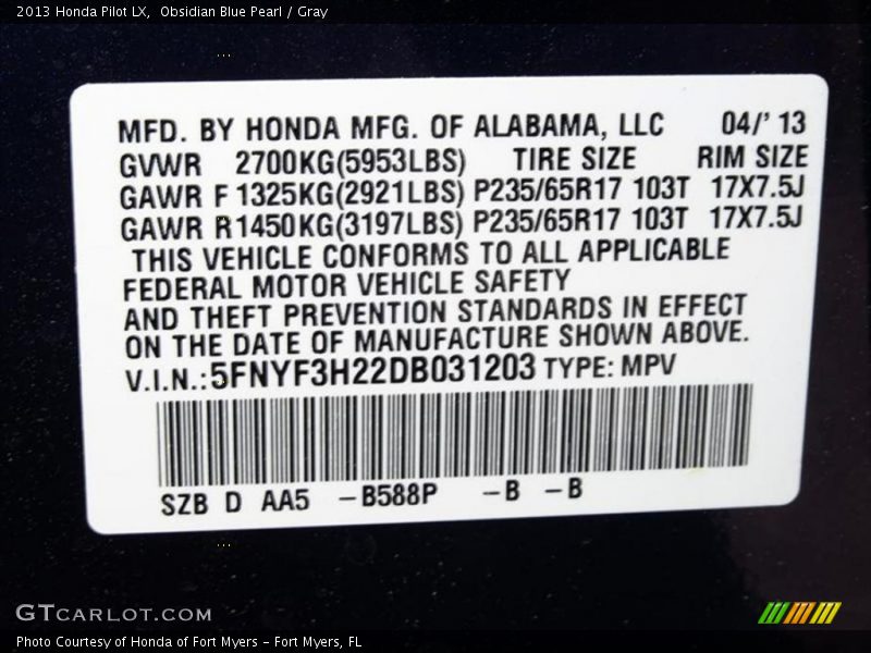 2013 Pilot LX Obsidian Blue Pearl Color Code B588P