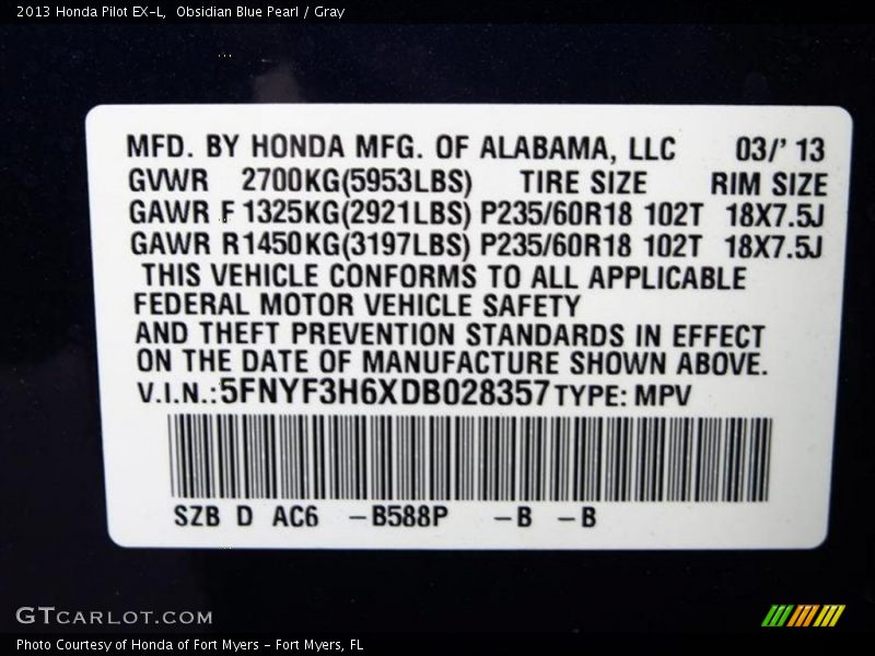 Obsidian Blue Pearl / Gray 2013 Honda Pilot EX-L