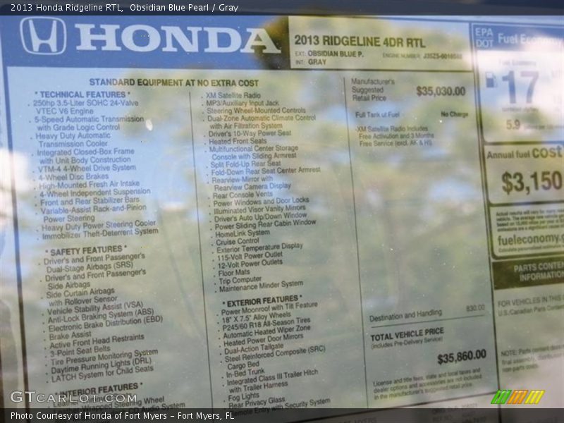 Obsidian Blue Pearl / Gray 2013 Honda Ridgeline RTL