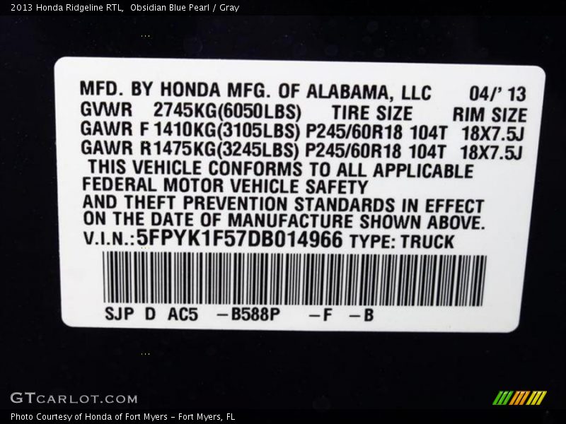 Obsidian Blue Pearl / Gray 2013 Honda Ridgeline RTL