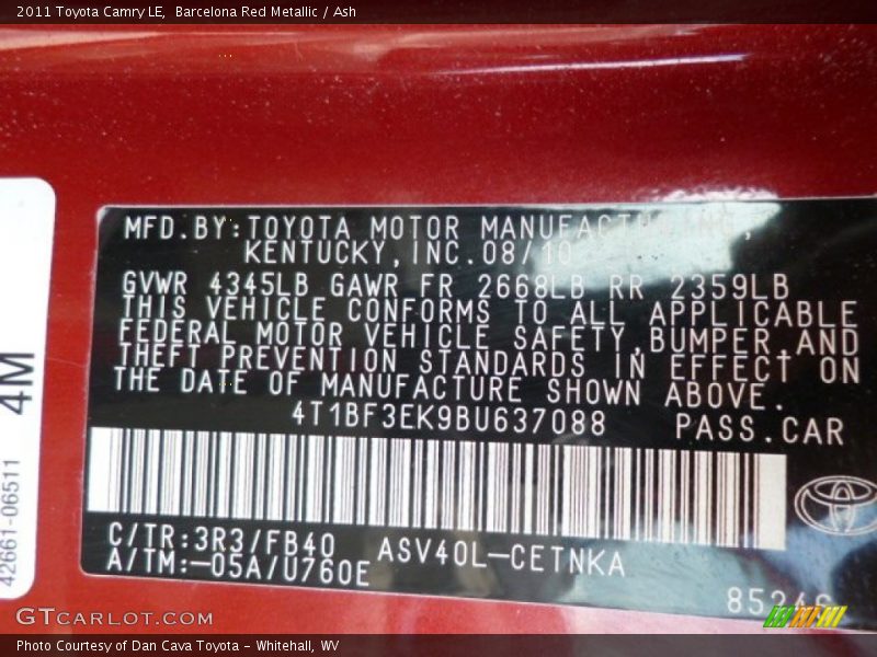 Barcelona Red Metallic / Ash 2011 Toyota Camry LE