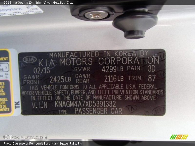 Bright Silver Metallic / Gray 2013 Kia Optima LX