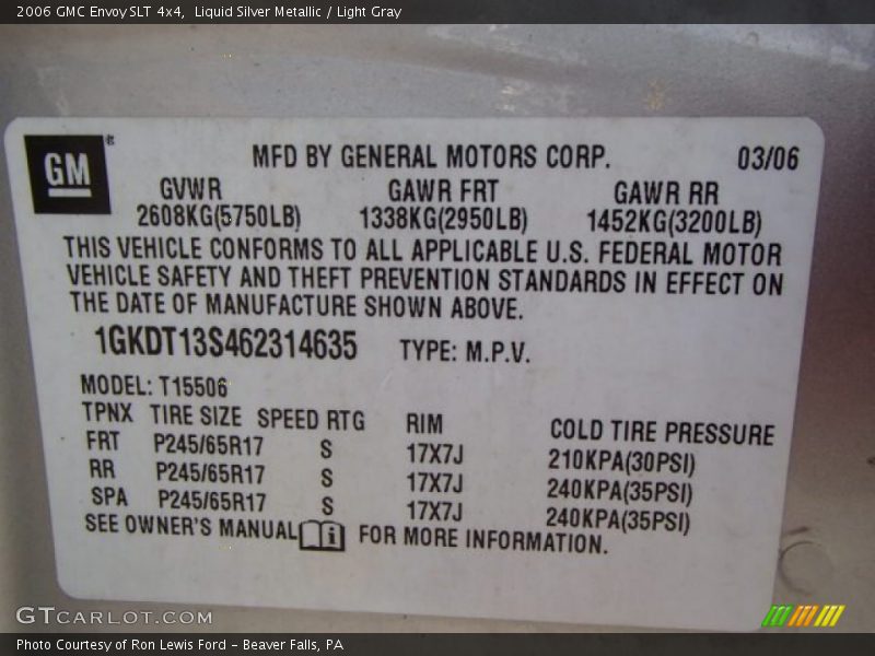 Info Tag of 2006 Envoy SLT 4x4