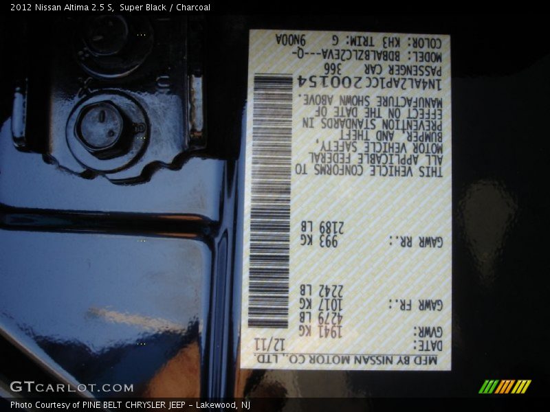 Super Black / Charcoal 2012 Nissan Altima 2.5 S