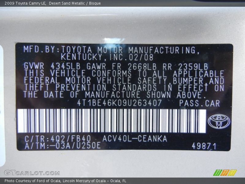 Desert Sand Metallic / Bisque 2009 Toyota Camry LE
