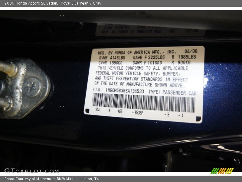 2006 Accord SE Sedan Royal Blue Pearl Color Code B536P