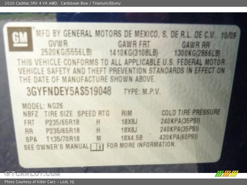 Info Tag of 2010 SRX 4 V6 AWD