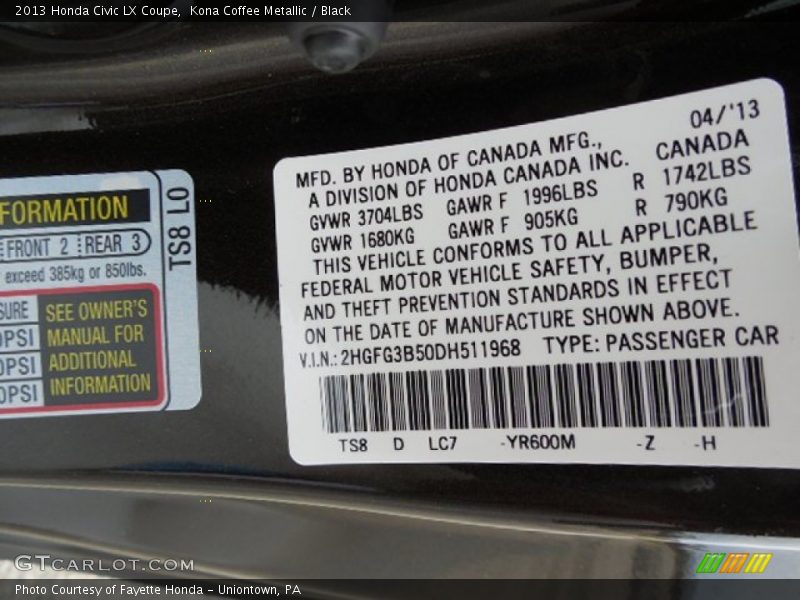 Kona Coffee Metallic / Black 2013 Honda Civic LX Coupe