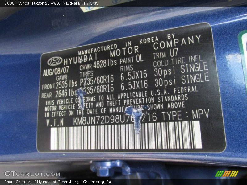 Nautical Blue / Gray 2008 Hyundai Tucson SE 4WD