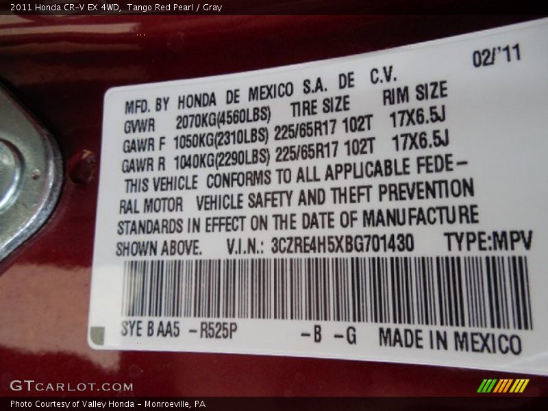 Tango Red Pearl / Gray 2011 Honda CR-V EX 4WD