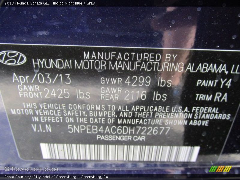 Indigo Night Blue / Gray 2013 Hyundai Sonata GLS
