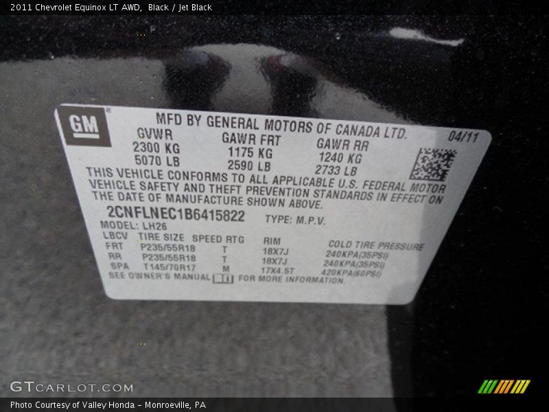 Black / Jet Black 2011 Chevrolet Equinox LT AWD