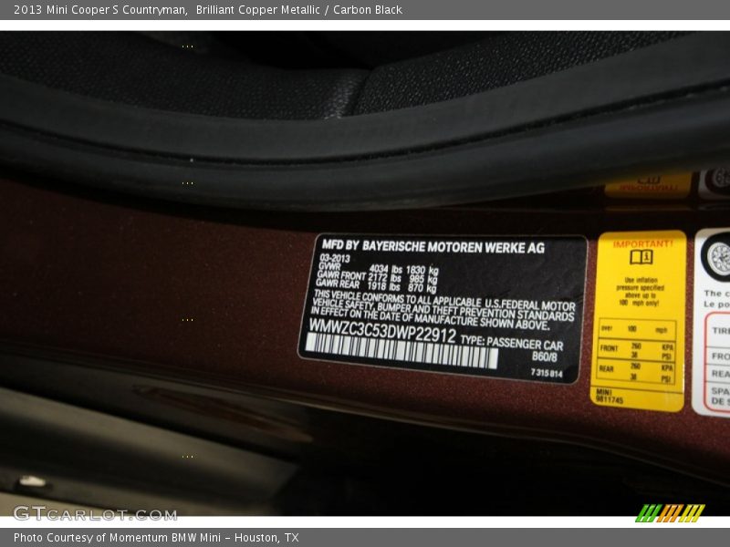 Brilliant Copper Metallic / Carbon Black 2013 Mini Cooper S Countryman