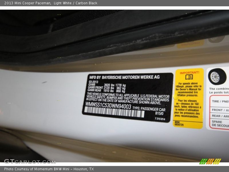 2013 Cooper Paceman Light White Color Code B15