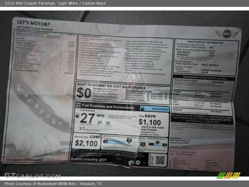  2013 Cooper Paceman Window Sticker